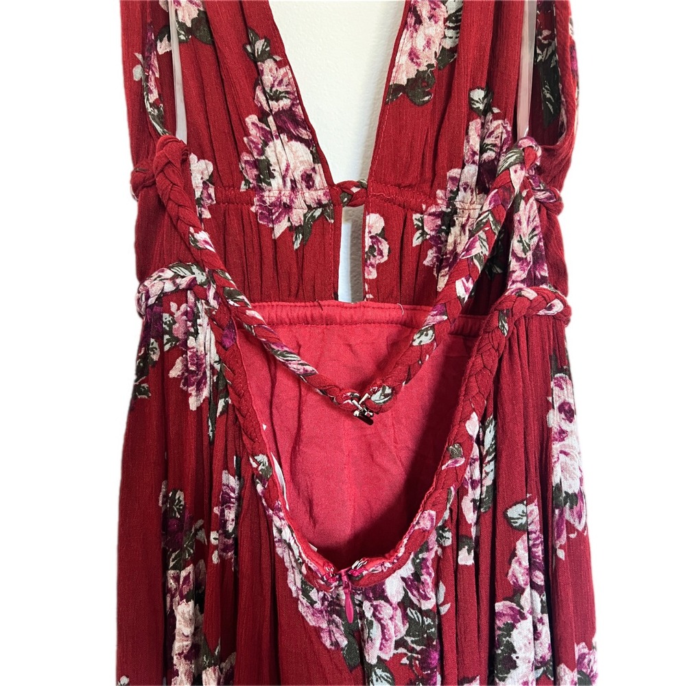 ILA ILA Floral Halter Maxi Dress Burgundy  Braided Waist Open Back Boho Summer - Picture 6 of 9